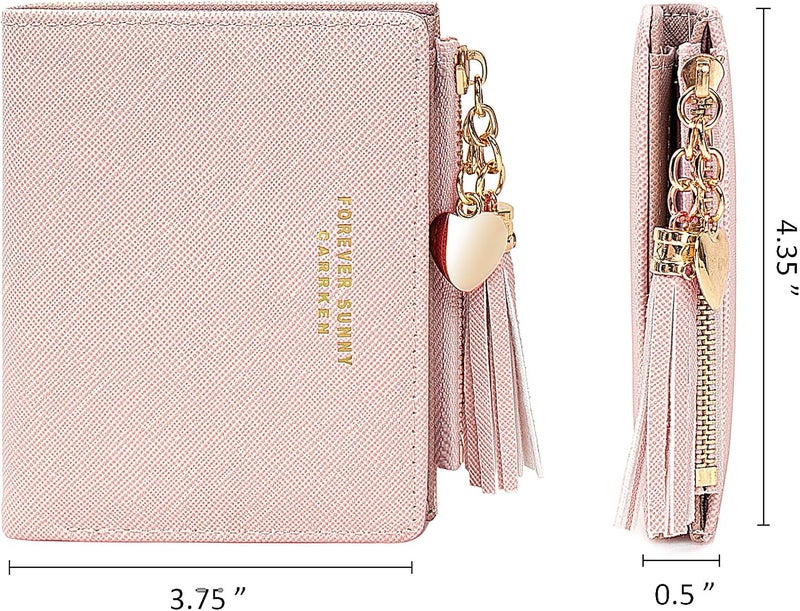 KOTORA Womens Small Wallet Girls Tiny Slim Wallets Pretty Mini Card Holder Thin Short Zip Coin Purse with Love Pendant and Tassels (Pink) - Image 2
